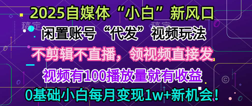 2025每月躺赚5w+新机会，闲置视频账号一键代发玩法，0粉不实名不剪辑，领了视频直接发，0基础小白也能日入300+-知创网